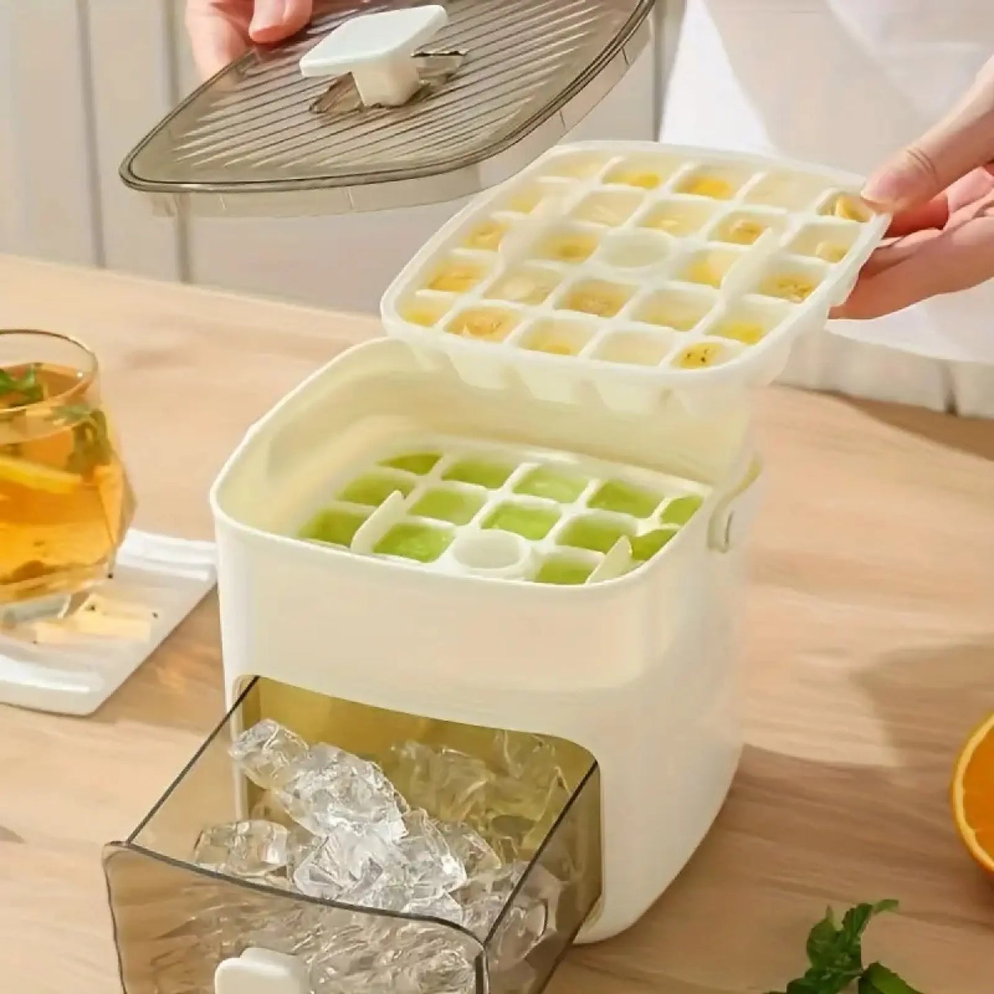 48-Compartment Ice Cube Tray with Easy-Press Lid & Storage Bin