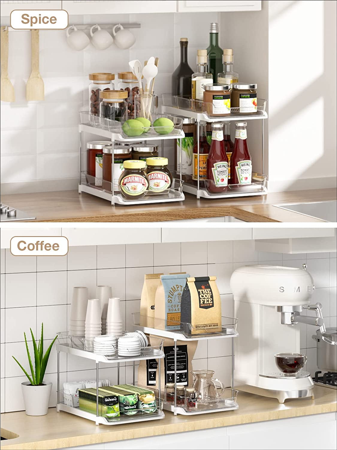 2-Pack Under Sink Organizers & Storage – Clear 2-Tier Sliding Cabinet Organizer Set for Kitchen & Bathroom