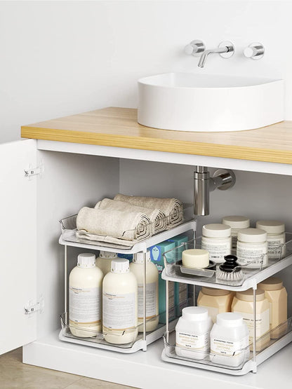 2-Pack Under Sink Organizers & Storage – Clear 2-Tier Sliding Cabinet Organizer Set for Kitchen & Bathroom