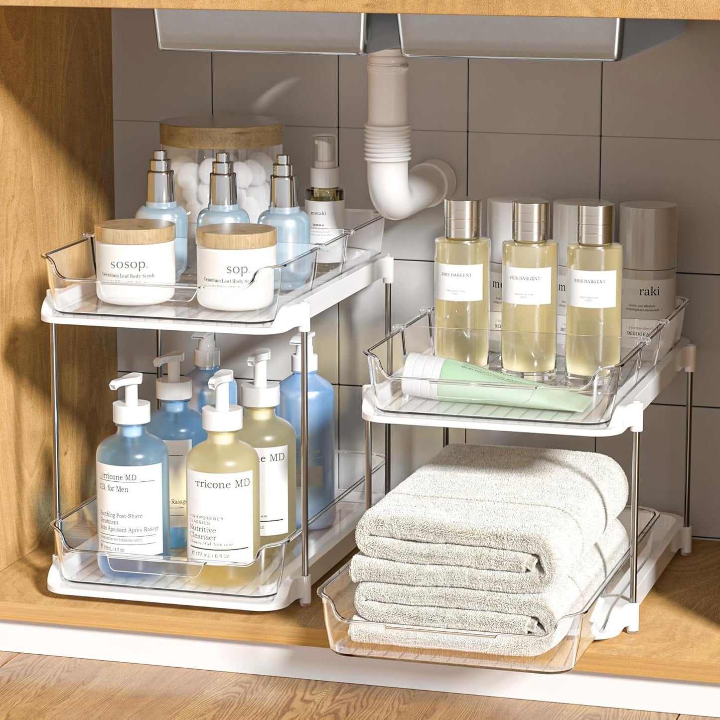 2-Pack Under Sink Organizers & Storage – Clear 2-Tier Sliding Cabinet Organizer Set for Kitchen & Bathroom