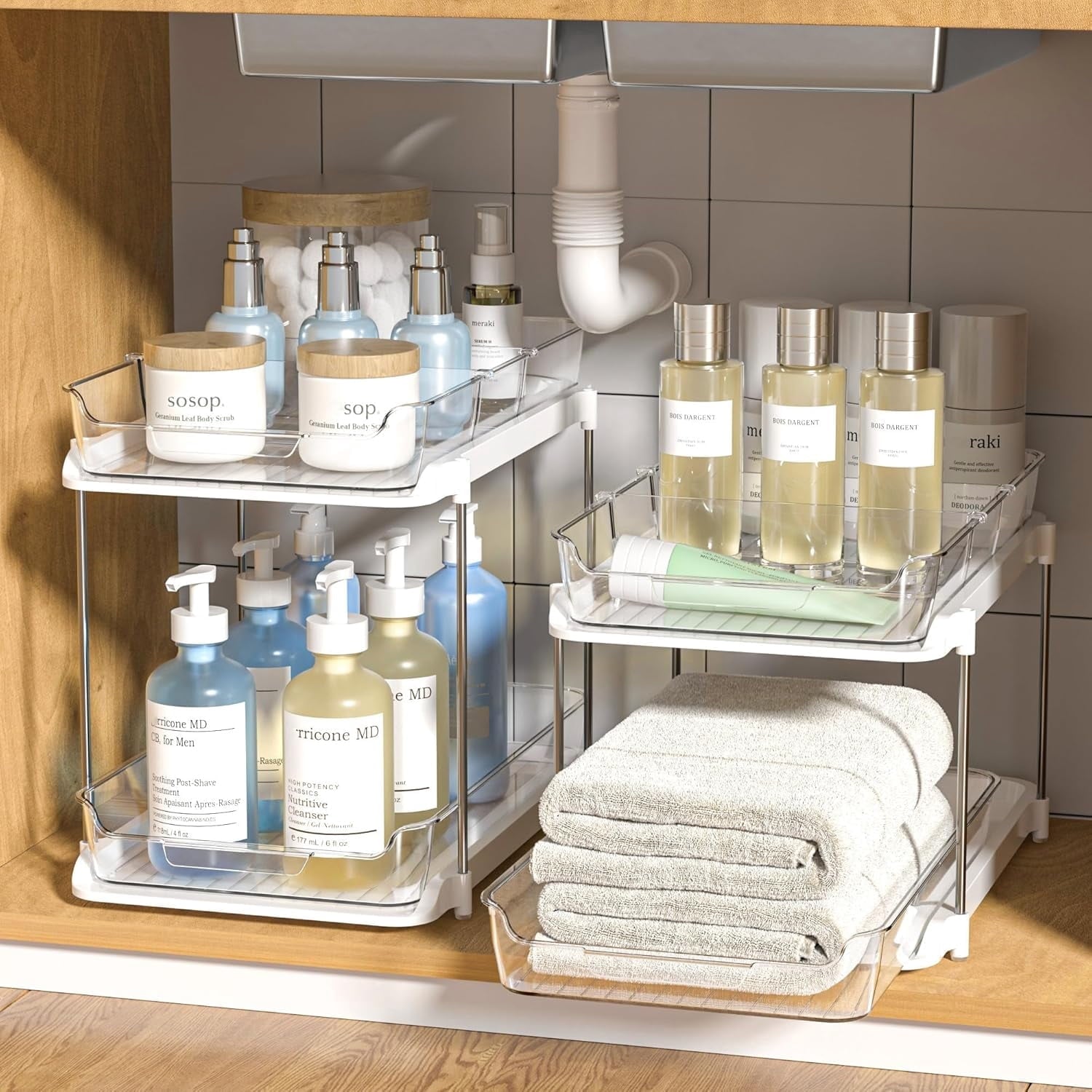 2-Pack Under Sink Organizers & Storage – Clear 2-Tier Sliding Cabinet Organizer Set for Kitchen & Bathroom