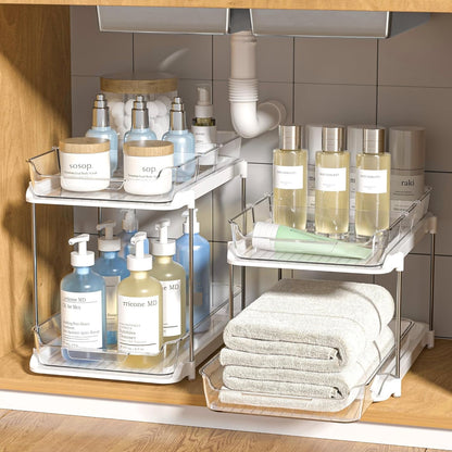 2-Pack Under Sink Organizers & Storage – Clear 2-Tier Sliding Cabinet Organizer Set for Kitchen & Bathroom